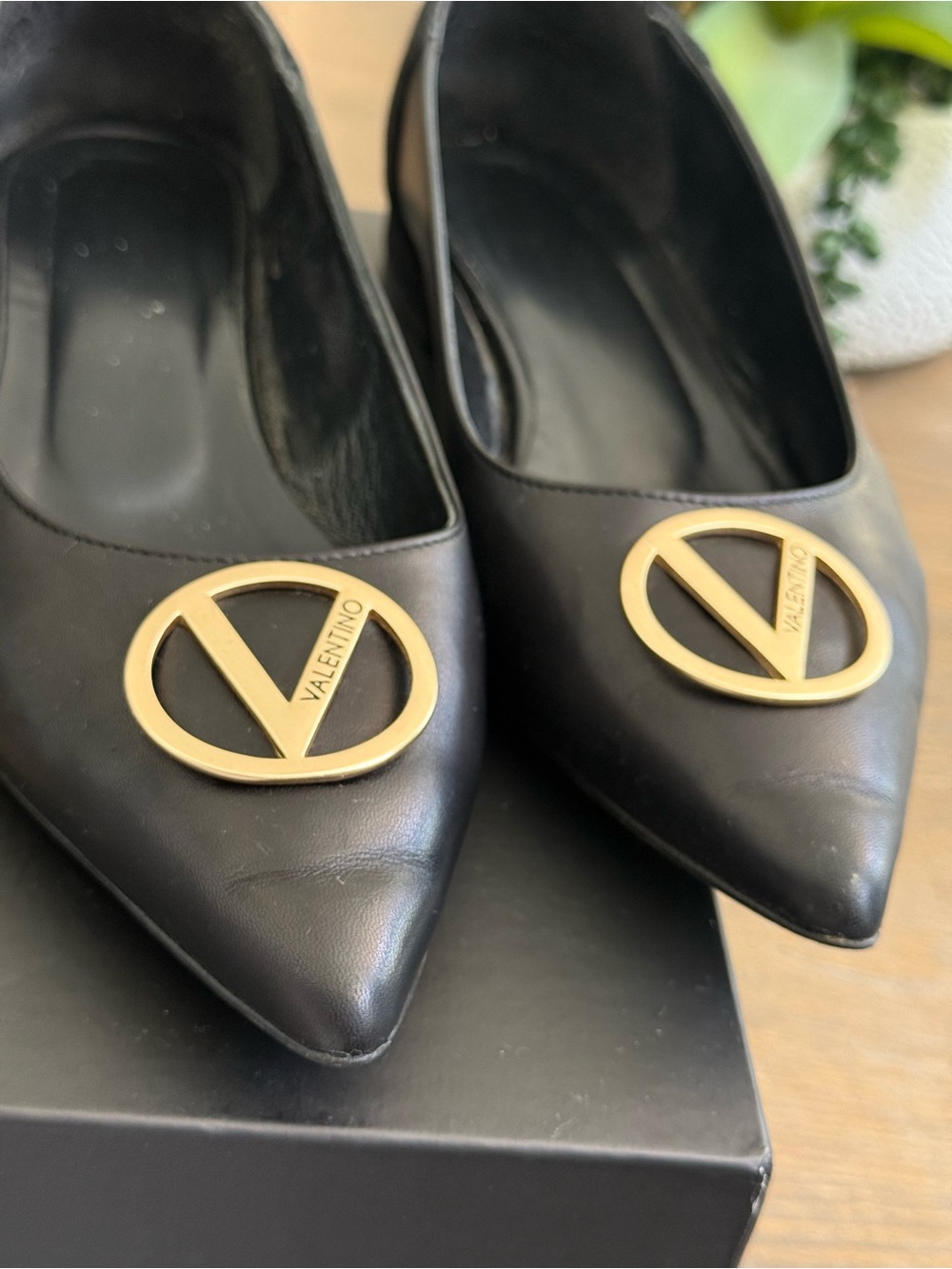 Valentino Black Leather Pointed Flats with Gold V Logo